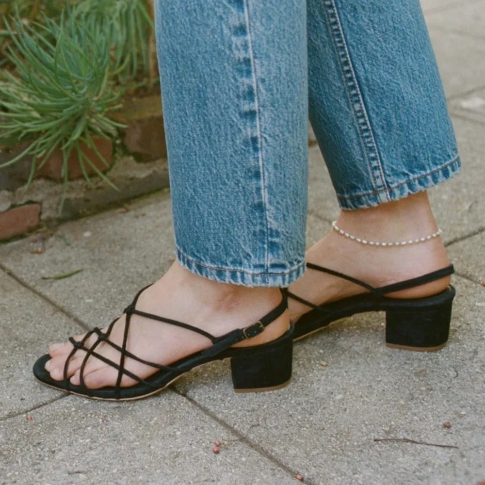 Doen Reve Strappy Knot Suede Block Kitten Low Heel Sandals Black - Picture 5 of 13